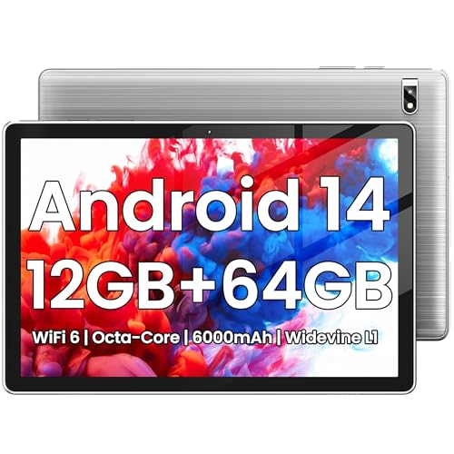 Tableta, 10,1 pulgadas, Android 14 Tablets, Octa-Core, 12 GB de RAM + 64 GB de ROM (1 TB expandido), Batería de 6000 mAh, 2.4G + 5G Wi-Fi 6, Cámaras de 2MP + 8MP, Bluetooth, 1280x800 FHD IPS (gris)