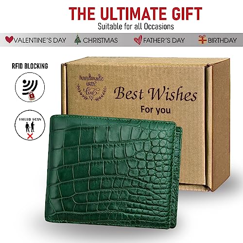Image of Green Exotic Double Side Leather Bifold Wallet Men, RFID Blocking Wallet