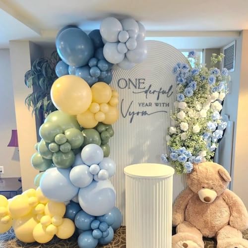 Image of 160Pcs 12 Inch Sage Green Dusty Blue Yellow Latex Balloons for Baby Shower Wedding Birthday Boho Party Decorations