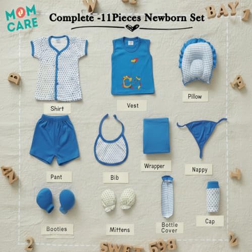 Image of MOM CARE Newborn Baby Gift Set (11 Pieces) | 100% Cotton Baby Clothing Set | 0-3 Months | Baby Shower & Welcome Gift Box Light Blue