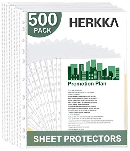 Sheet Protectors, HERKKA 500 Pack Sheet Protectors Holds 8.5 x 11 inch Sheets, 9.25 x 11.25 inch Top Loading, Clear, Reinforced 11-Hole Fit for 3 Ring Binder, Acid Free Top Loading Paper Protector