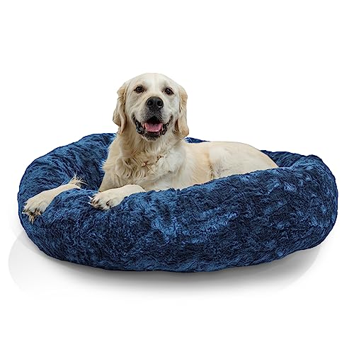 Image of Best Friends by Sheri The Original Calming Donut Dog Bed for Large Dogs up to 100 lbs, Lux Faux Fur, Navy Blue, 36 inch x 36 inch