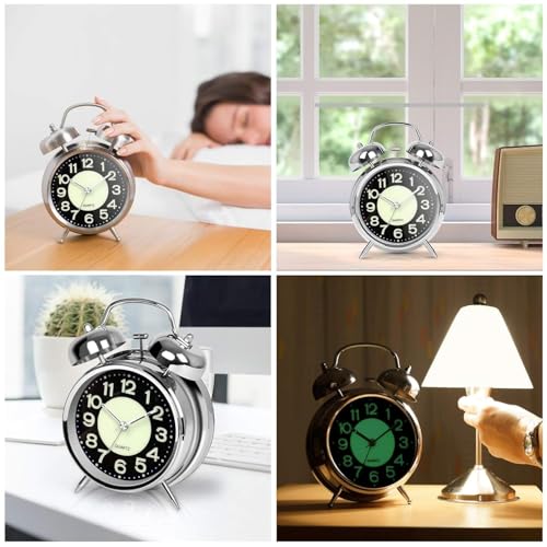 Image of HOME SKILL Analog Alarm Clock for Heavy Sleepers Loud Clock for Adults Classic Twin Bell - Super Loud, Non-Ticking Silent Quartz Movement, Backlight, Decor Bedroom /Office (Silver Luminous)