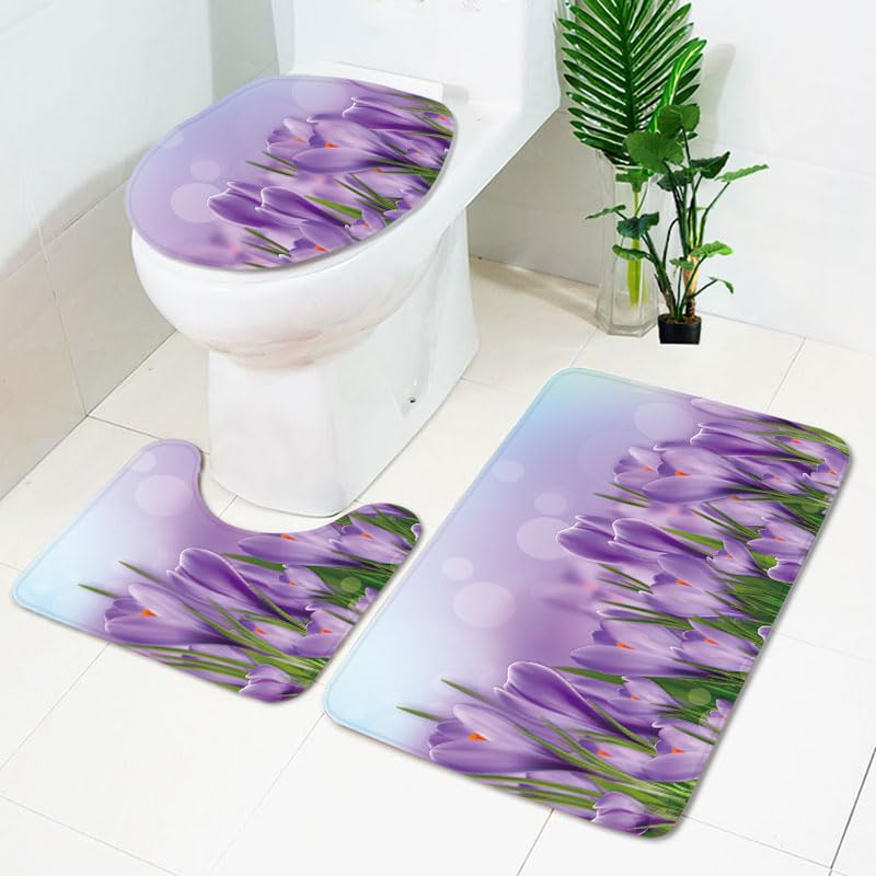 Bad Teppiche Set Lila Elegante Blume Badezimmerteppich Waschbar WC Vorleger mit Ausschnitt und WC Deckelbezug 3 Teilig Badematte rutschfest Toilettensitzbezug Badgarnitur 50x80 cm