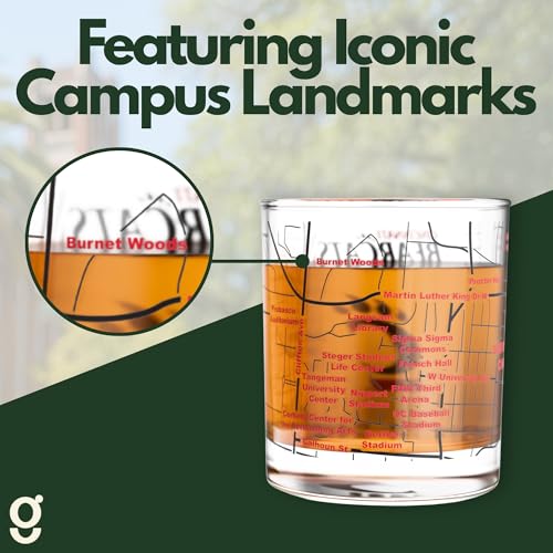 Image of Greenline Goods University of Cincinnati Bearcats Whiskey Glasses Set of 2, 10 oz Rocks Glasses with Full-Color Logo & Campus Map - Officially Licensed Bourbon Glass Gift for Alumni & Fans
