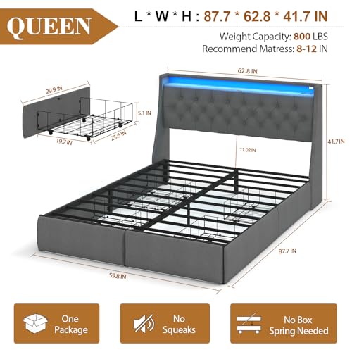 Image of Queen Size Bed Frame with 4 Storage Drawers and LED Lights, Queen Bed Frame with Upholstered Headboard and Charging Station, Steel Slat Support, No Box Spring Needed, Noise-Free, Easy Assembly, Gray