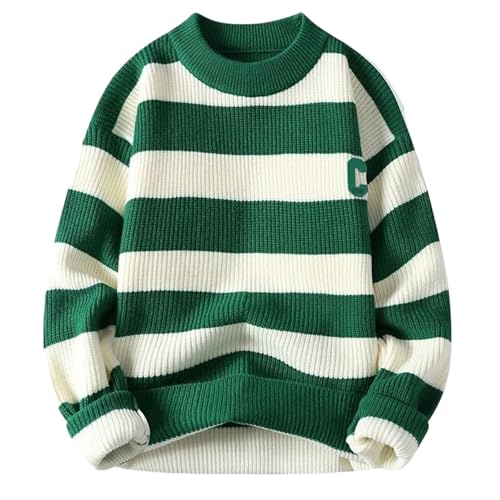 Autumn Winter Men's Pullover Round Neck Loose Striped Warm Thick Casual Knitwear Sweaters