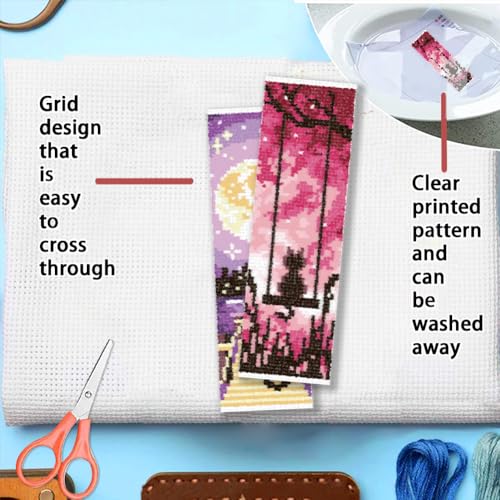 Image of FREEBLOSS 6 Set Cross Stitch Bookmarks Kit Cat in Night Stamped Cross Stitch Kit DIY Embroidery Bookmark Set with Instruction for Adults Beginners Gift for Reading Enthusiasts 8 * 2.4inch 11CT