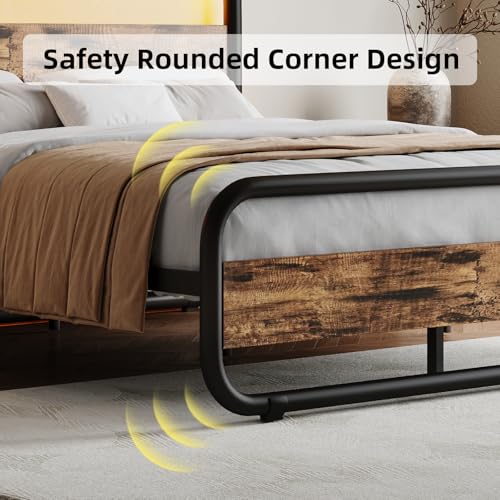 Image of King Size Bed Frame, Wood Headboard and Footboard, LED Lights, Rustic Brown