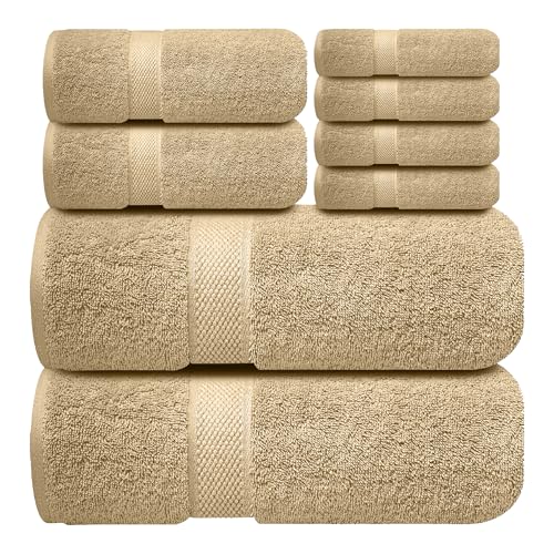 Image of Sulfar 100% Combed Cotton, 8 Pcs Towel Set - 2 Bath Towels (70 x 140 cm), 2 Hand Towels (40 x 70 cm) and 4 Face Towel (30 x 30 cm) (600 GSM, Pack of 8) Bleach Sand
