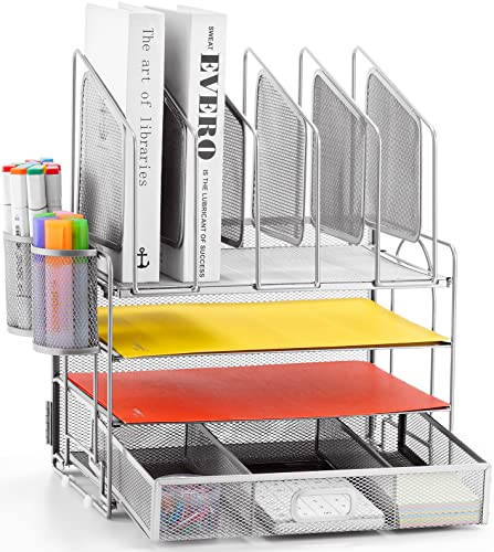 Image of Marbrasse Desk Organizers, 4-Tier Mesh Desk File Organizer with 5 Vertical File Holders and 2 Pen Holders, Multifunction Desktop Organizer,Desk Organizers and Accessories for Home Office (Silver)