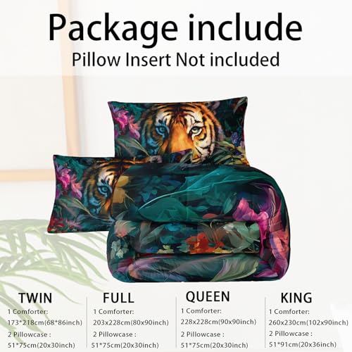 Image of 3Pcs Tiger Comforter Set King Size Plants Colorful Flowers Print Bedding Set,3D Wild Animals Comforter Set for Kids Boys Girls Room Decor,Wildlife Theme Bedding Set