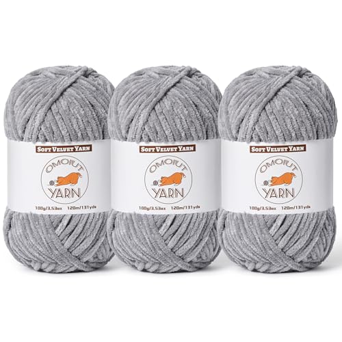 Image of 3 Pack Light Gray Fluffy Velvet Yarn for Crocheting, Chunky Chenille Baby Blanket Yarn for Crocheting, Soft Fuzzy Puzzle Yarn for Knitting, (100g /3.53oz Each) Bulky Thick Amigurumi Crochet Yarns