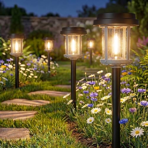 XMCOSY+ Solar Pathway Lights Outdoor, Garden Lights with Metal & Glass, 20 LM Warm Bright Light, Outside Solar Powered Lights for Yard Waterproof Landscape Lighting Walkway(Black & Grey)