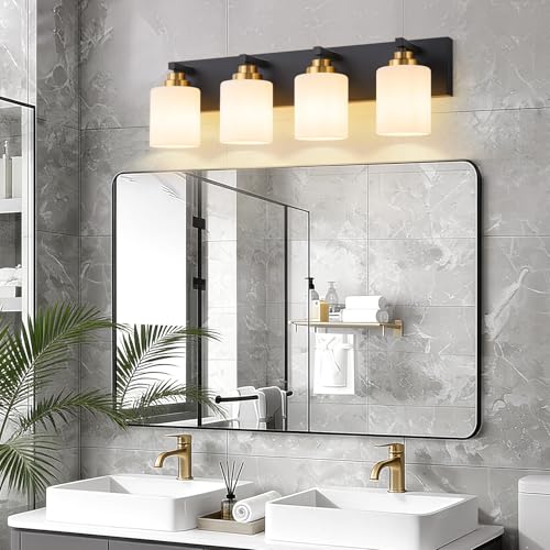 Image of Vanity Lights for Bathroom, 4-Light Black and Gold Bathroom Vanity Light Over Mirror with Milky White Glass Shades, Modern Bathroom Light Fixtures for Living Room Hallway Cabinet (Bulbs Not Included)