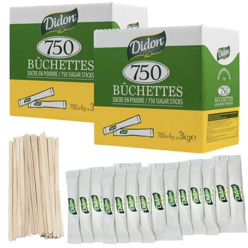 DIDON Lote de 1500 Sobres (750 x 2) - Bûchettes de Azúcar Individuales de 4g (TOTAL 6 kg) con un lote de agitadores de madera – Ideal para Bebidas Calientes, Cafés y Tés