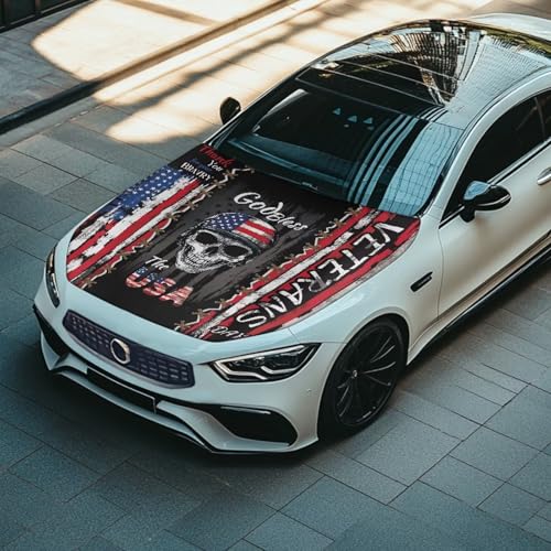 Image of Car Hood Cover Protector Waterproof Auto Hood Wrap Blankets Veterans Day Decorations Auto Patriotic Decorative Accessories for Sedans SUVs Pickup Trucks (USA Flag Skeleton Soldier Design)