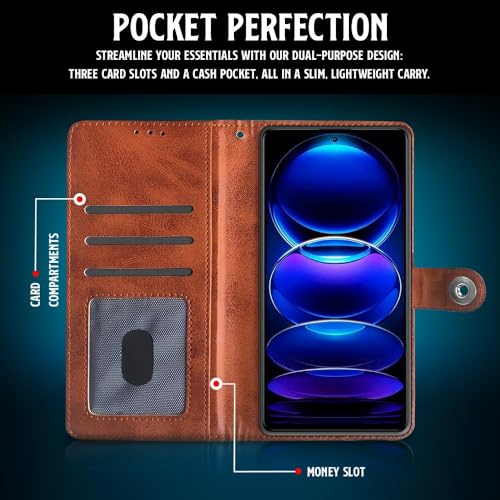 Image of WOW IMAGINE Shock Proof Flip Cover Back Case for Redmi Note 12 Pro 5G (Magnetic Button Flip Case | Wallet Pockets & Stand | Leather Finish | Alder Brown)