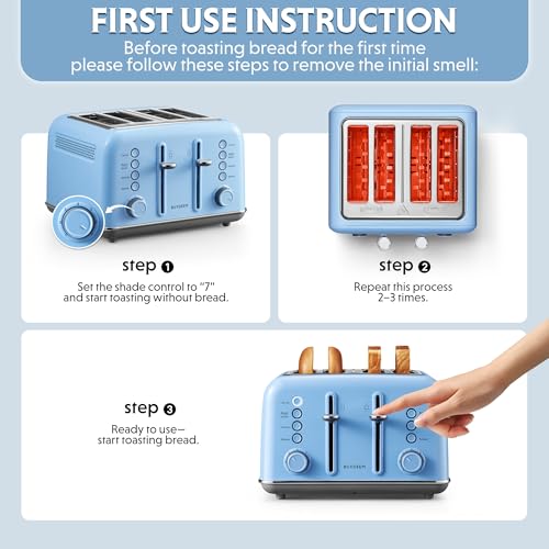 Image of BUYDEEM DT640 4-Slice Toaster, Extra Wide Slots, Retro Stainless Steel with High Lift Lever, Bagel and Muffin Function, Removal Crumb Tray, 7-Shade Settings,Blue