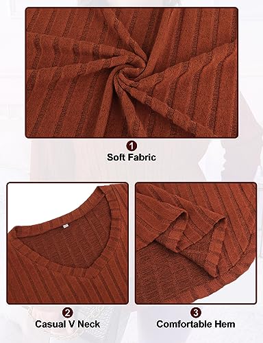Image of Koscacy Women Plus Size Casual Knit Sweater V Neck Solid Color Tops Lightweight Long Sleeve Blouses