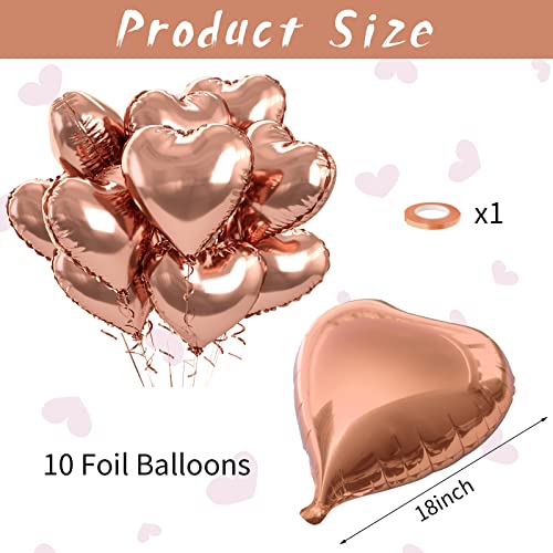 Image of Rose Gold Foil Heart Balloons, 10PCS Rose Gold Heart Shape Balloons, Valentines Balloons 18inch Foil Balloons for Helium Birthday Decorations for Valentines Day, Wedding, Brithday Party, Baby Shower