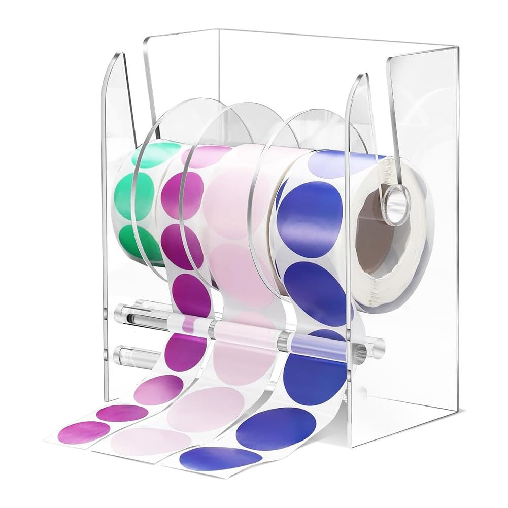 Fuhjythy Adjustable Label Dispenser Acrylic Sticker Roll Dispenser Sticker Roll Holder Clear Label Holders Sticker Holder 4 Disks