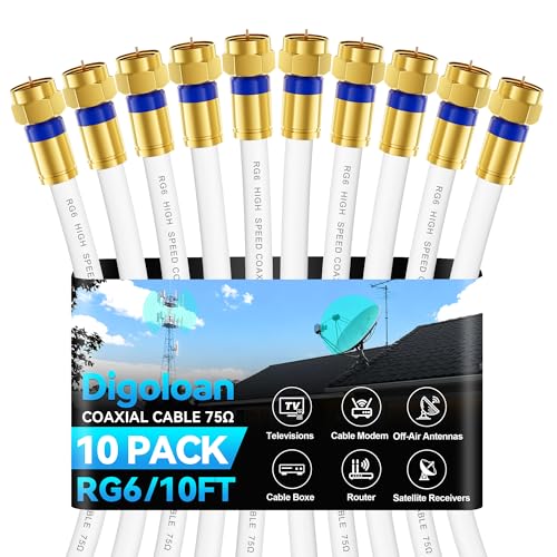 Câble coaxial RG6 Digoloan lot de 10 de 3m avec connecteurs F dorés pour modem et TV