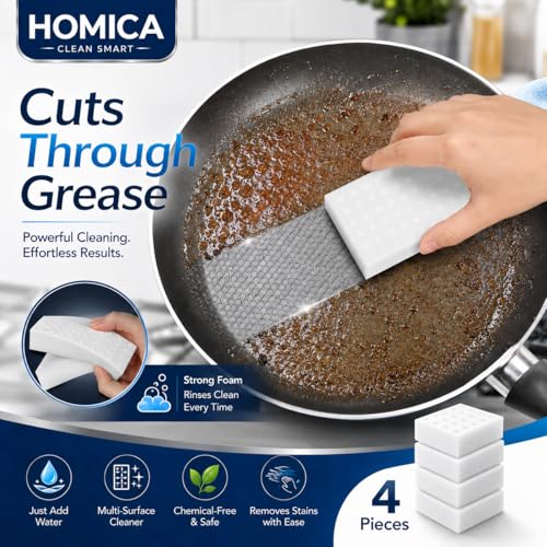 Image of Pack of 4 Homica Magic Eraser Cleaning Sponge | Chemical-Free Multi-Purpose Cleaning Sponge | Just Add Water | Removes Marks, Stains | for Kitchen, Bathroom, Walls, Shoes & Appliances