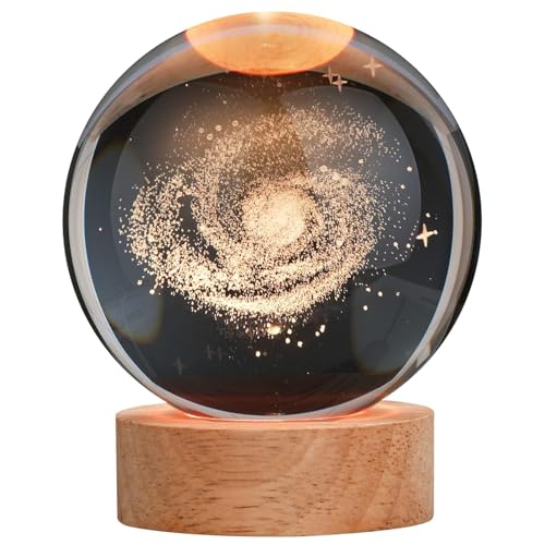 Image of Galaxy 3D Crystal Ball Lamp Creative Wooden Engraved Universe Night Light USB Table LED for Home Office Decoration Birthday Gift Adults Warm White