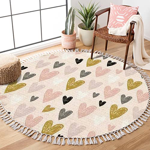 Image of DNEWYNPABV Boho Scandinavian Area Rug, 3 ft Pink Heart Pattern, Cotton Linen Blend, Handcrafted, Low Pile, Indoor, Round, Area Rug
