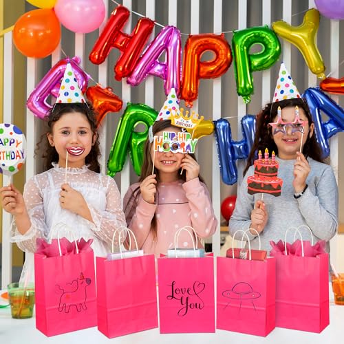 Image of BLEWINDZ 32Pcs Small Paper Gift Bags with Tissues, Hot Pink Party Favor Bags with Handles, 8.7 inch Goodie Bag for Birthday, Shopping, Party Supplies