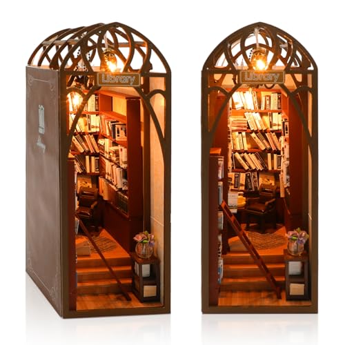 Foyucool DIY Book Nook Miniature Kit, 3D Wooden Puzzles Bookend, Bookshelf Insert Decor, Assemb...