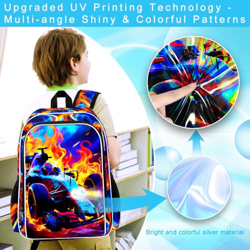 Image of 3Pcs Race Car Backpack, Boys Kids Bookbag with Lunch Box, 17 inch School Backpacks for Elementary Preschool Kindergarten (Fire Red)