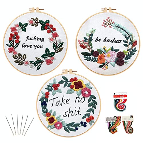Louise Maelys Embroidery Starter Kit With 3 Embroidery Hoops For Adults Funny Floral Wreath Pattern For Beginners Needlepoint Kits #TOP7