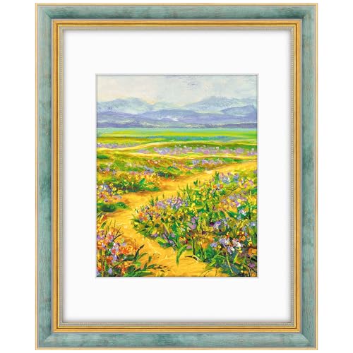 Image of Golden State Art,11x14 Ornate Picture Frame Holds 8x10 Photo,Blue Gold | Includes real glass front,white mat,build-in hangers and buttons.Displays 8x10 photo on wall