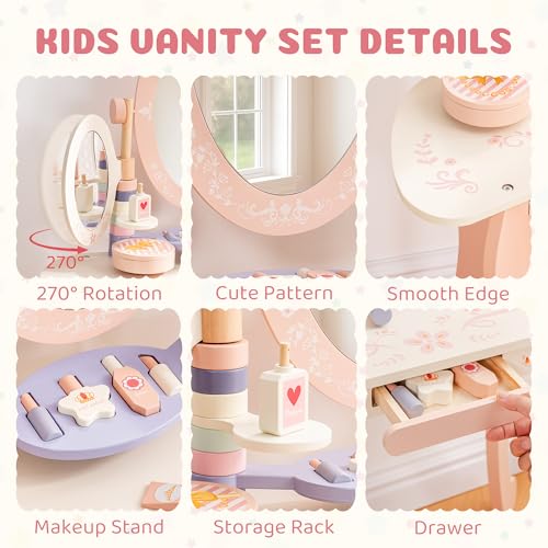 Image of ROBOTIME Kids Vanity Set with Mirror and Stool - Wooden Pink Makeup Table with 11 PCS Accessories - Play Beauty Dresser with Mirrors, Drawer- Kids Vanity Table and Chair Set for Girls Ages 3+
