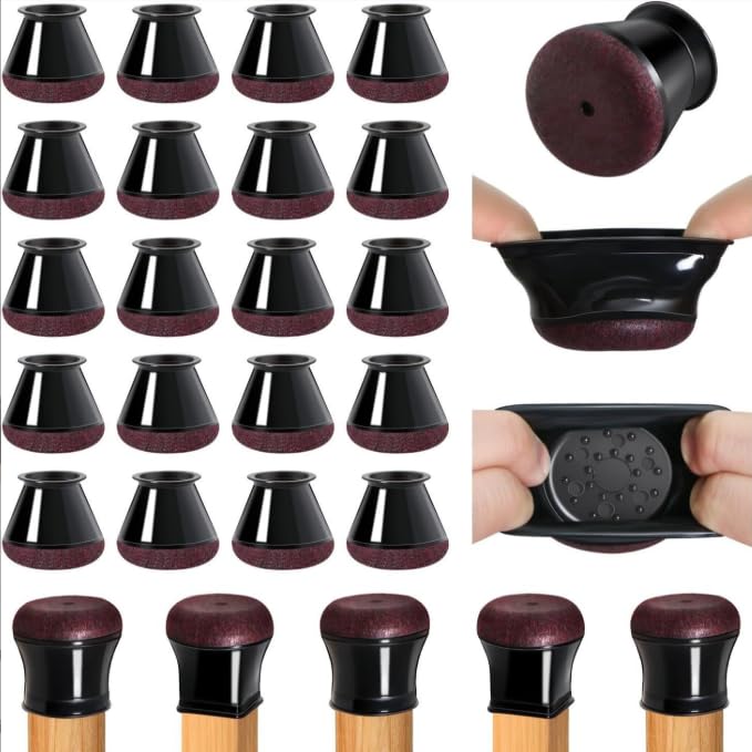 Chair Leg Floor Protectors, 16 Pcs Black with Wrapped Felt, Fit 14-20mm Round Legs, No Scratches No Noise Rubber Feet Furniture Pads for Hardwood Floors