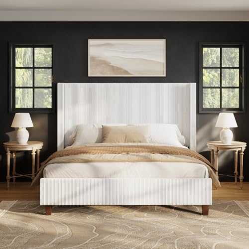 Image of HOWE Queen Size Bed Frame with 50.8 Inch Corduroy Wingback Headboard, White | Modern Upholstered Platform Bed, Solid Wood Slats, No Box Spring Needed, Noise-Reducing Design