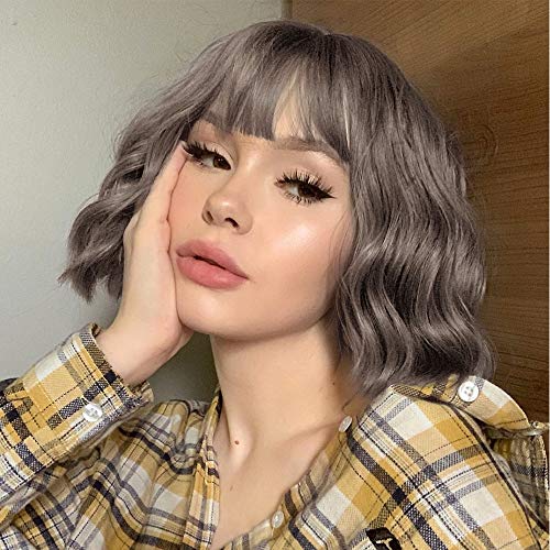 Isaic Wavy Wig Short Bob Wigs With Bangs Shoulder Length Women's Curly Wavy Synthetic Cosplay wig for Girl Colorful Costume Wigs