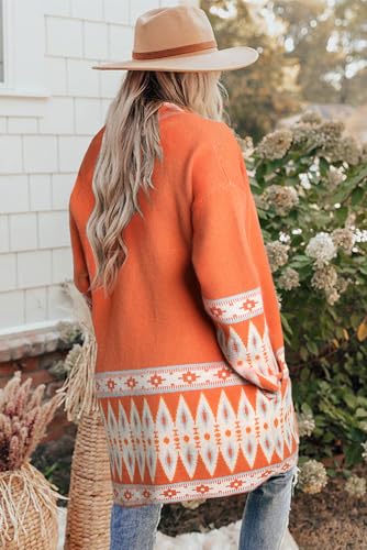 Women's Stylish Orange Aztec Print Open Front Knitted Cardigan3