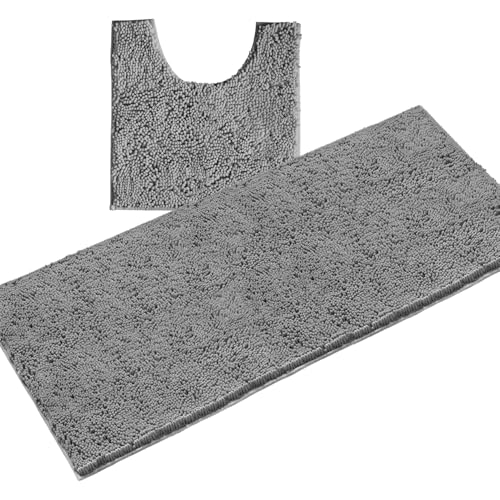luxurux 2-piece bathroom rug set – plush chenille runner & u-shaped toilet mat, soft, absorbent & non-slip design (20x20 u & 27x47 inches, light grey)