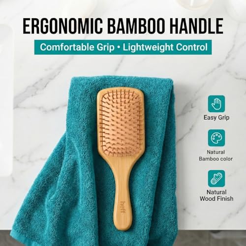 Image of Heff Bamboo Hair Brush, Natural Bamboo, Paddle Brush with Wooden Bristles, 9.5 Inches x 3.3 Inches