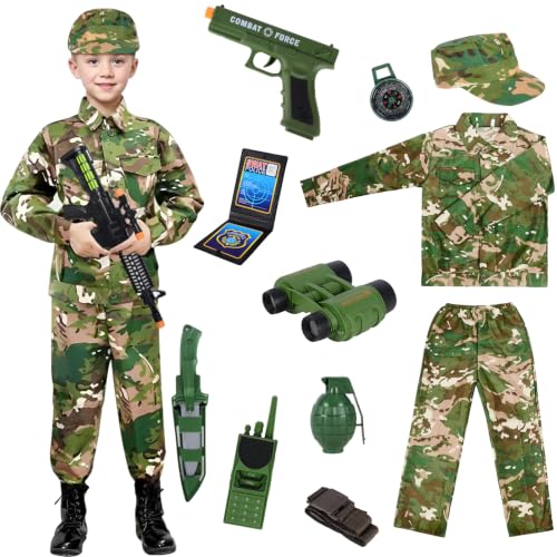 Déguisement Militaire Enfant, Costume Armée Soldat Camouflage Avec Télescope, Walkie Talkie, Mitraillette Jouet Pour Halloween Carnaval