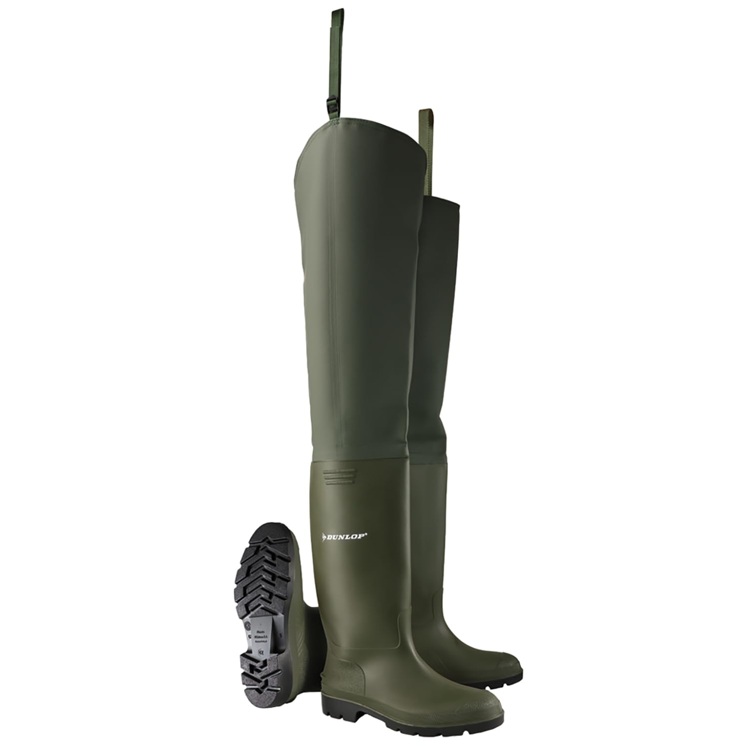DUNLOP Pricemastor Thigh Wader Wellington Boot - Unisex, Waterproof PVC Work Wellies for Agriculture and Fishing, Green/Black - EU45, UK10.5