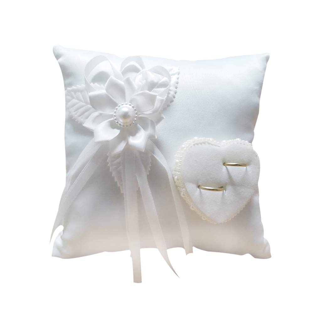 WZ YDTH Wedding Ring Pillow Romantic Stylish White Square Flower Ring Camellia Heart Shaped Cushion Marriage Supplies for Indoor Outdoor