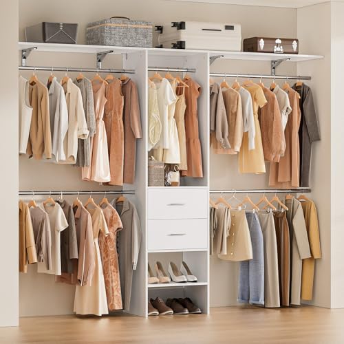 Closet System, 5-9FT Closet Organizer System with Wooden Drawers and Shoe Rack, Walk in Closet Organizers and Storage with 5 Adjustable Hanging Rods & Movable Shelves, Heavy Duty Wall Mount