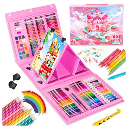 Maletin Pinturas para Niños,240 PCS Caja de Arte de Kits de Dibujo con Caballete Trilateral de Doble Cara,Pinturas para Acuarelas Niños, Regalo para Niñas de 4 a 12 años, Rosa…