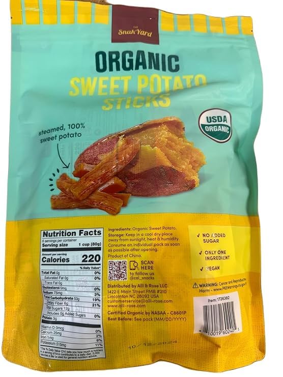 SnackYard Organic Sweet Potato Sticks, USDA Organic, Vegan, No Added Sugar, 17 oz, 6 Packets