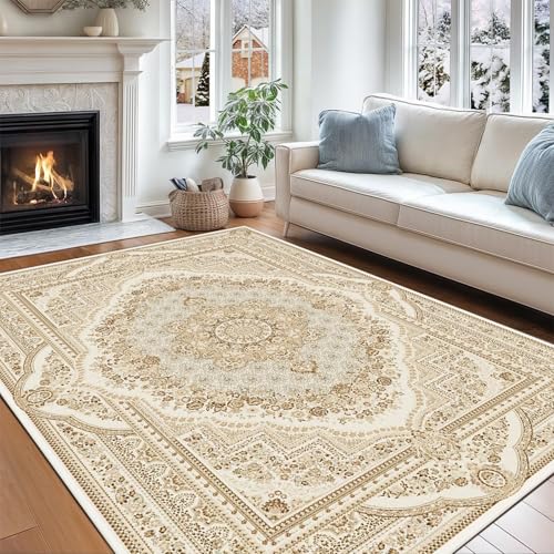 Washable Area Rugs, Soft Low Pile Faux Wool Vintage Carpet Non-Slip Boho Chic Floral Foldable Modern Abstract Large Rug for Living Room Bedroom Kitchen Office Floor Mat (Color 5, 120x180cm)
