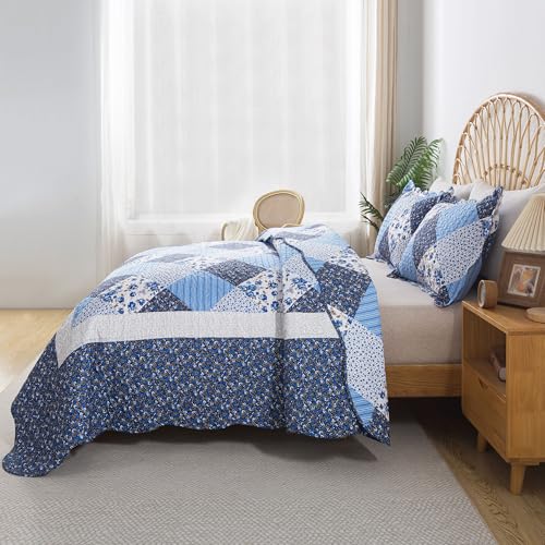 HoneiLife Reversible Bedspread Quilt Set - 3 Piece Microfiber Patchwork Coverlet Set, All-Season Bedspread with Blue and White Porcelain Pattern,Queen Size